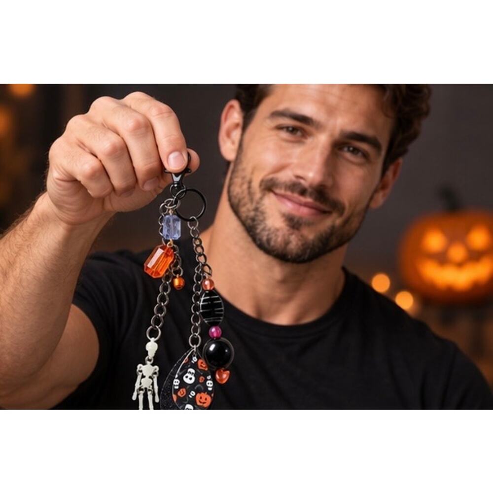 Halloween Purse Charm Skeleton Pumpkin Beaded Keychain 8” - Picture 3 of 7